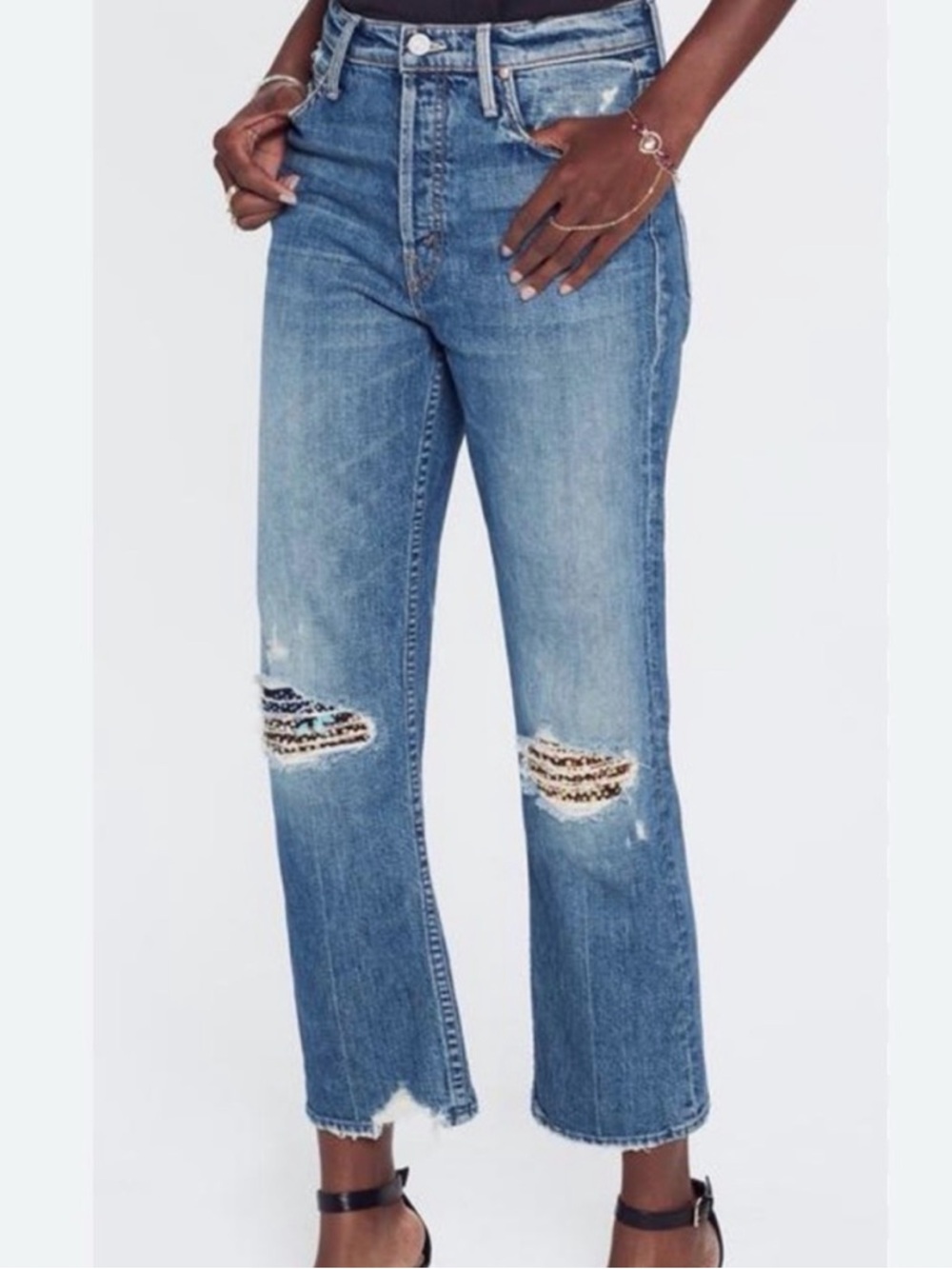 MOTHER Distressed Light Blue Straight-Leg Jeans with Embellished Knees